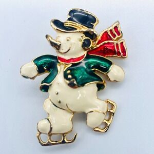 Vintage SFJ Ice Skating Snowman Brooch Pin 2" 5cm